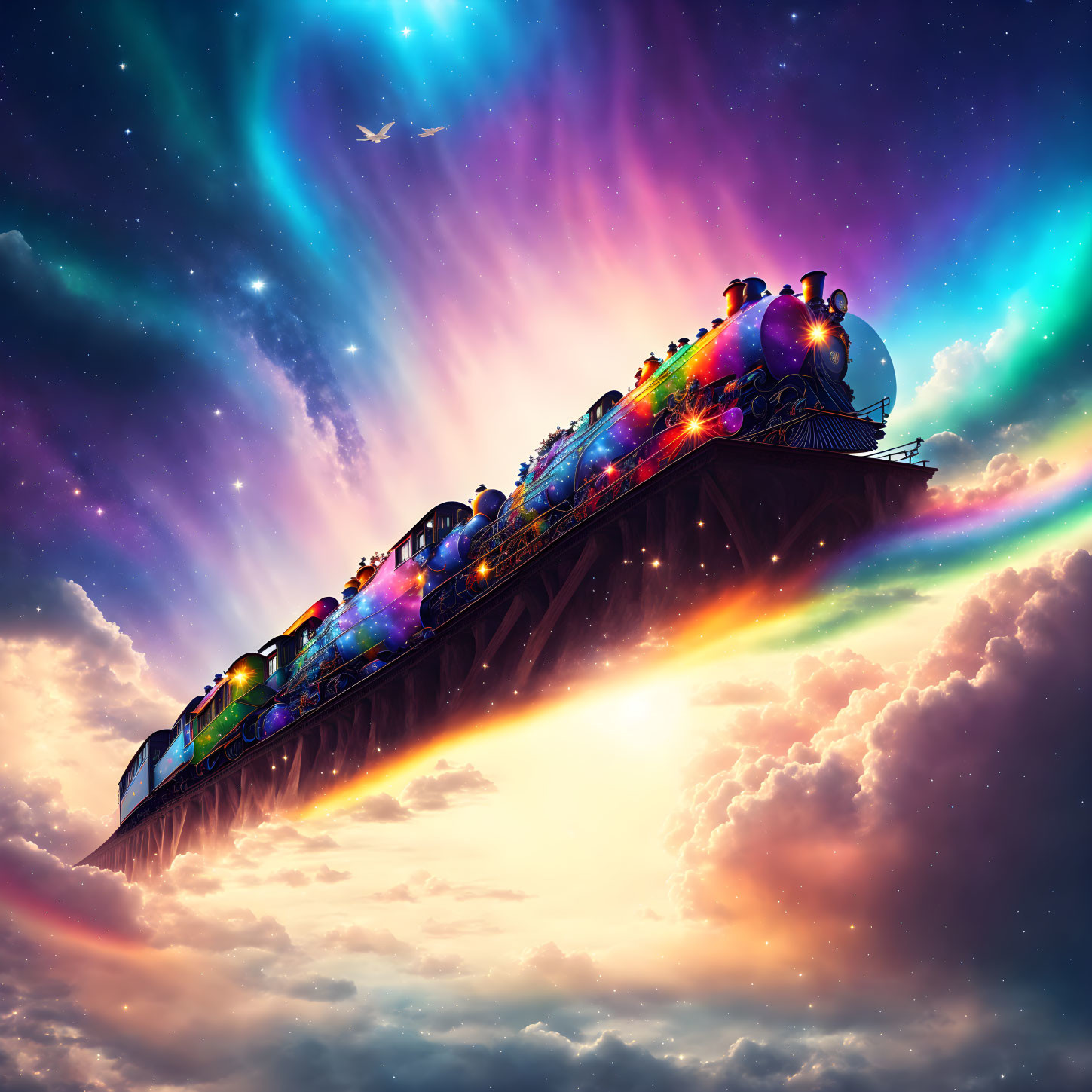 Vintage train in colorful sky with northern lights and airplane