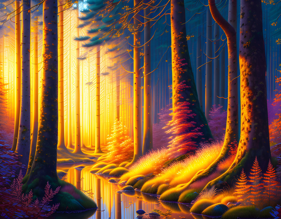 Fantastical forest scene with reflective river and golden light