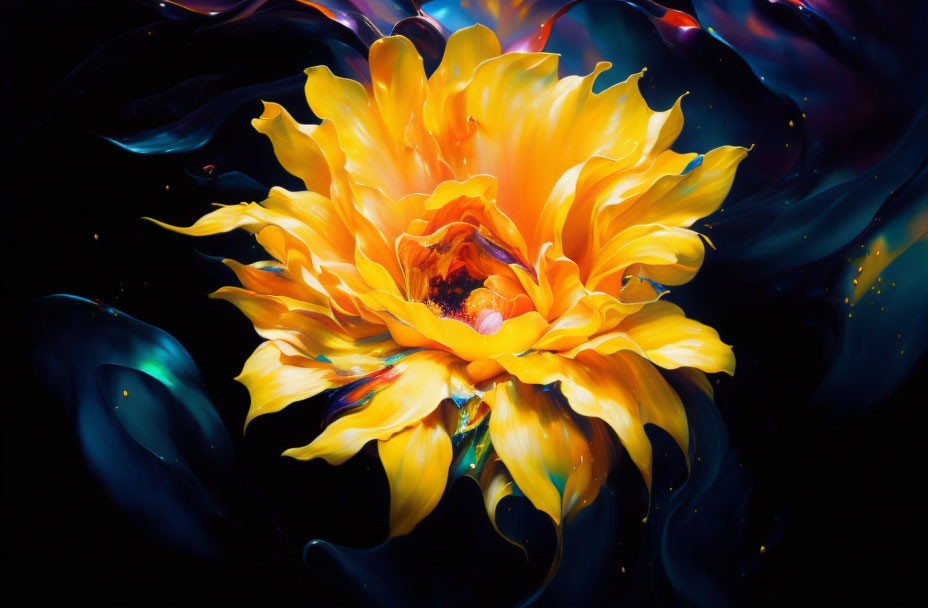 Vibrant yellow flower on swirling blue and black background