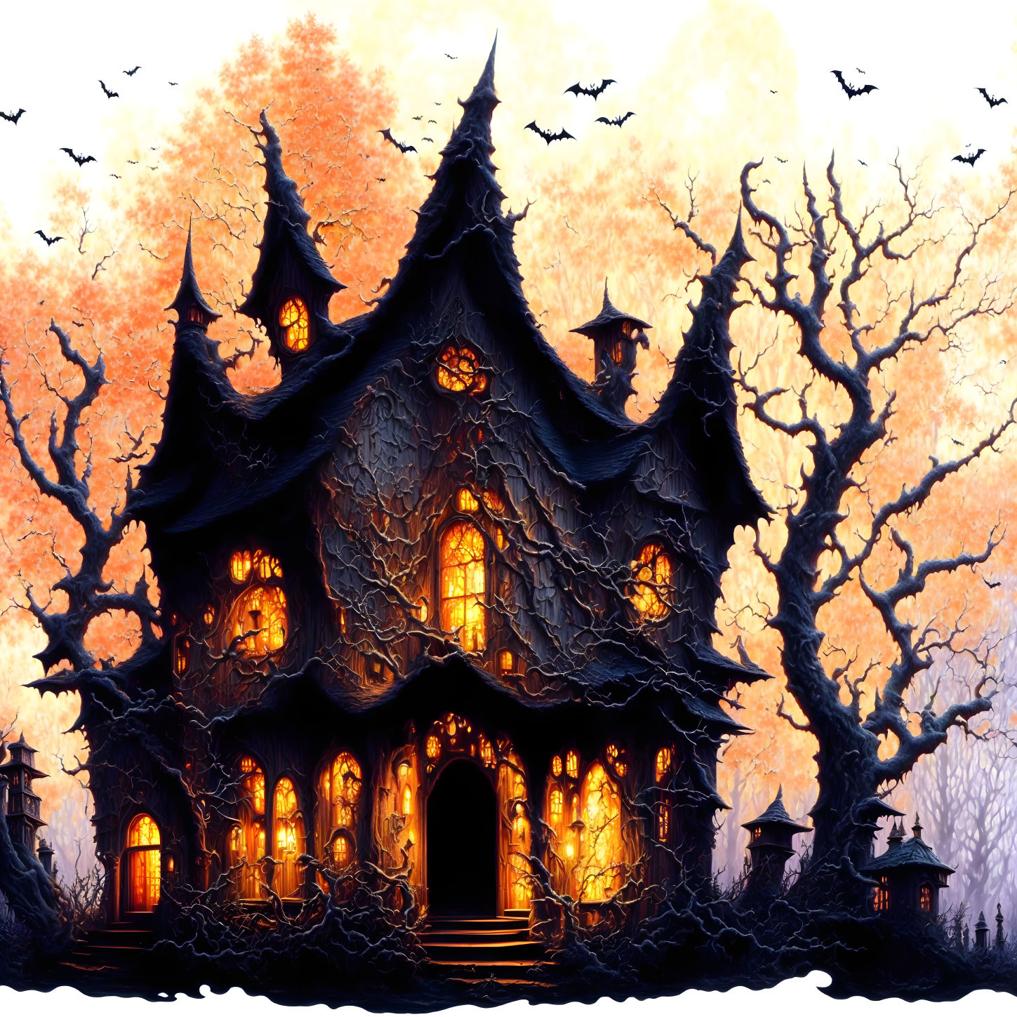 Illustration of eerie haunted house with twisted trees and glowing windows