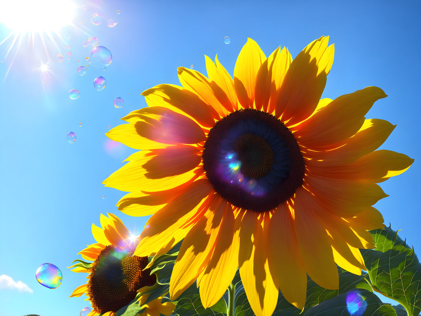 Bright sunflower in sunny sky with lens flares and soap bubbles - cheerful summery scene