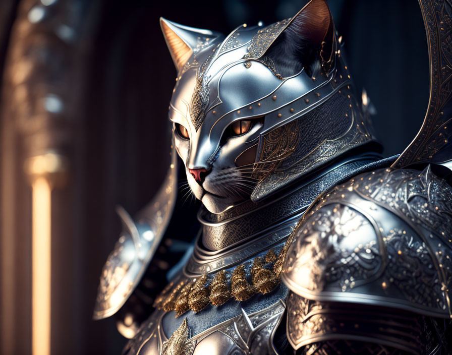 Cat-headed figure in medieval armor against dark background