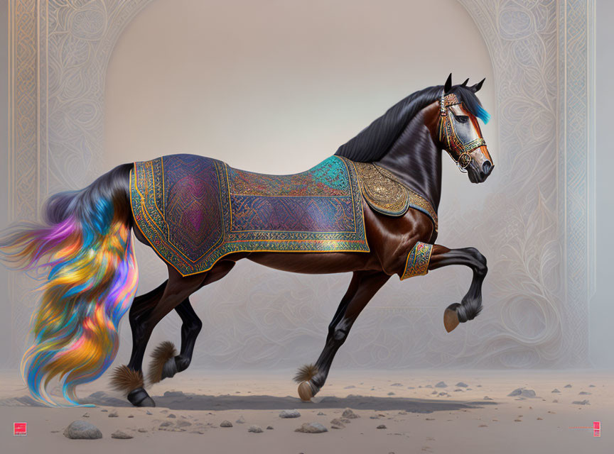 Iridescent horse with ornate saddlecloth on intricate backdrop