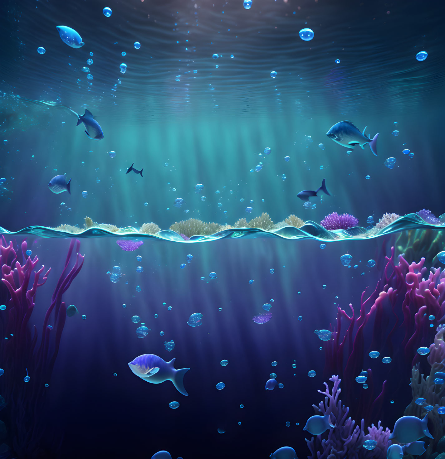 Vibrant underwater scene with fish, coral reefs, and sunbeams