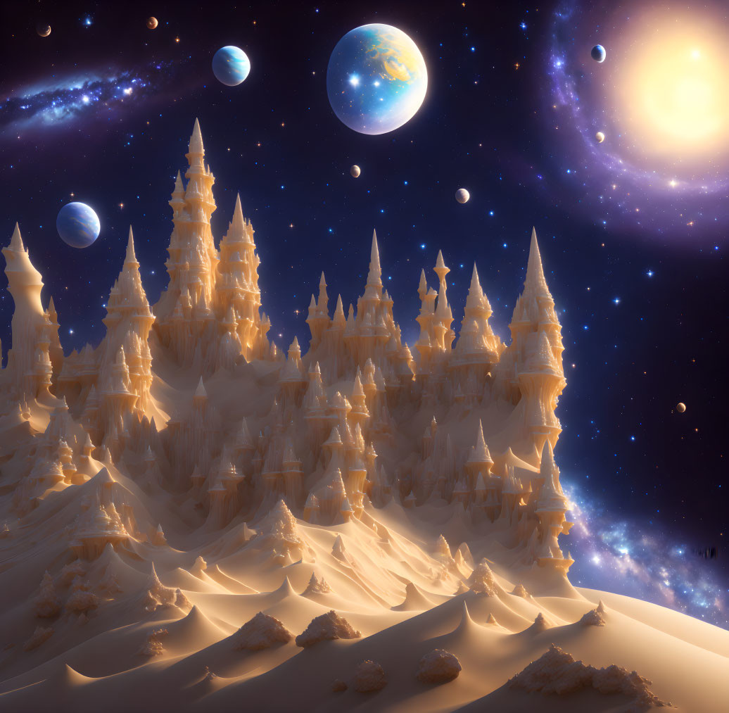 Snow-covered spires on an alien world with multiple moons and a bright sun.