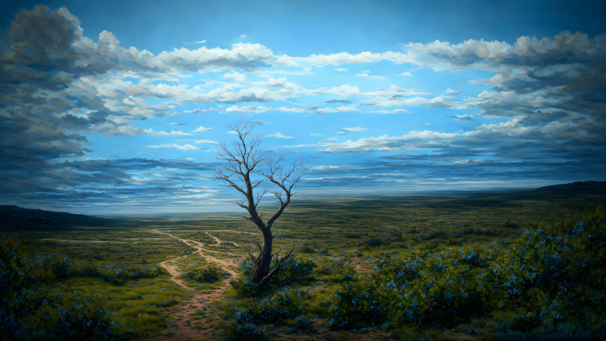 Solitary tree by winding dirt path on vast green plains under dramatic cloudy sky