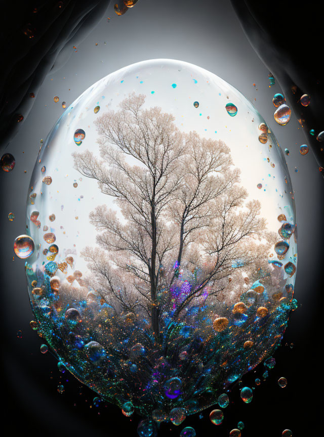 Barren tree in large iridescent bubble among colorful bubbles