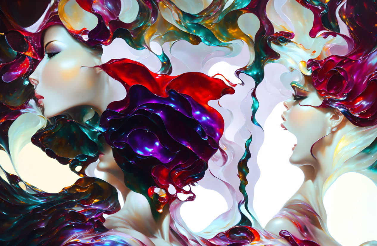 Colorful Abstract Art: Swirls and Shapes Resembling Female Profiles