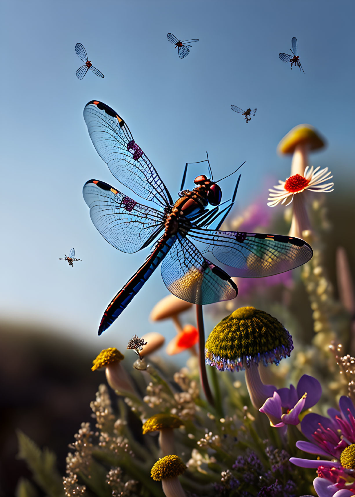 Blue dragonfly on flower with insects and blossoms in nature scene