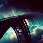 Fantastical image of train crossing arched bridge in cosmic setting