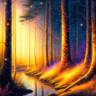 Fantastical forest scene with reflective river and golden light