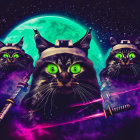 Three cats in space gear with glowing green eyes against cosmic backdrop