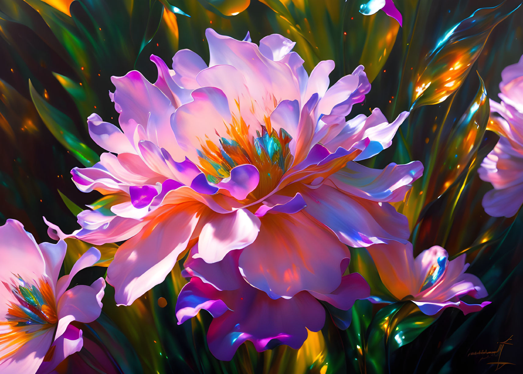 Colorful digital artwork of a large pink flower and smaller blooms on a dark, leafy background