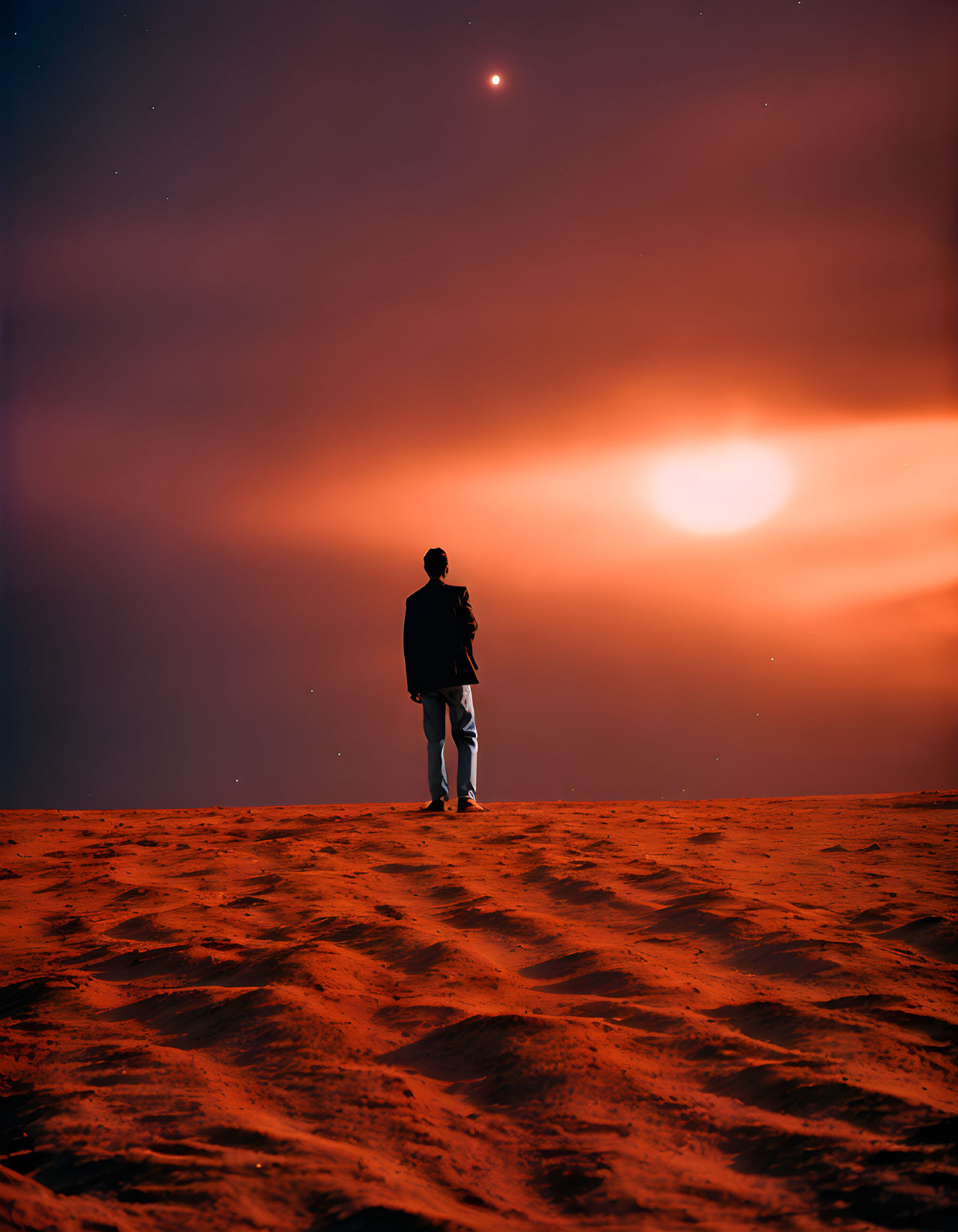 Person standing on desert sands under dramatic sky with oversized red sun and bright celestial object