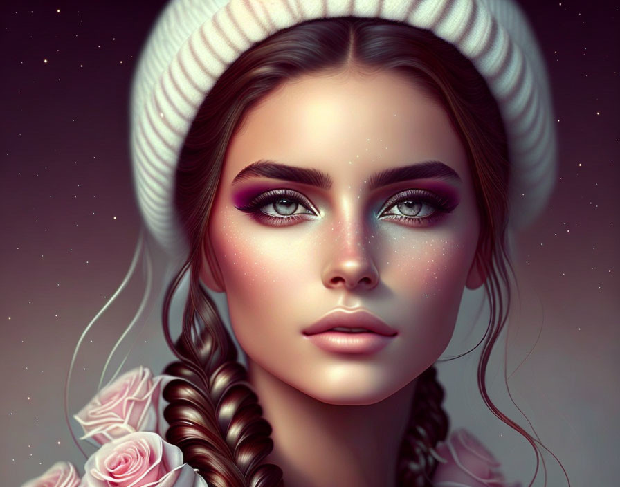 Digital portrait of woman with braided hair, white hat, green eyes, purple eyeshadow