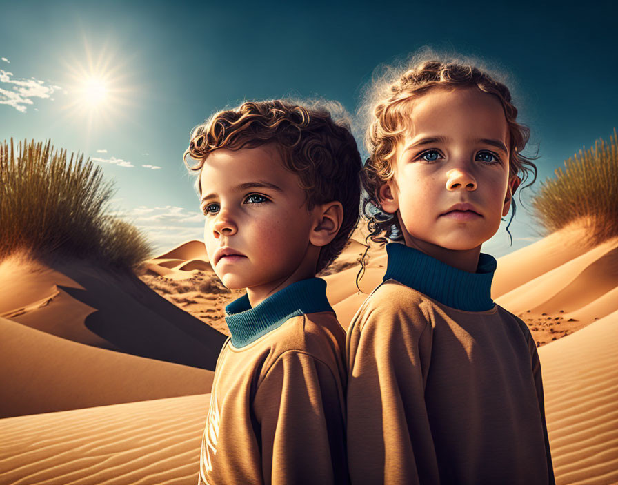 Children with Curly Hair in Desert Sunlight Shadows