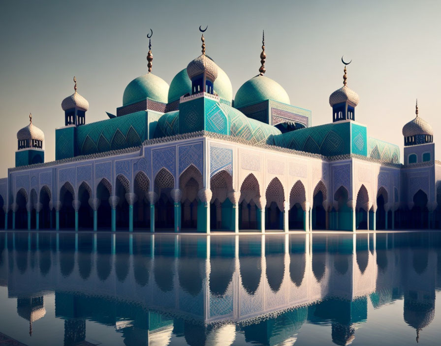 Turquoise domed mosque reflected in water at dusk or dawn