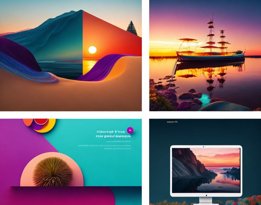 Four Digital Art Images: Vibrant Landscapes, Ship at Sunset, Stylized Desktop