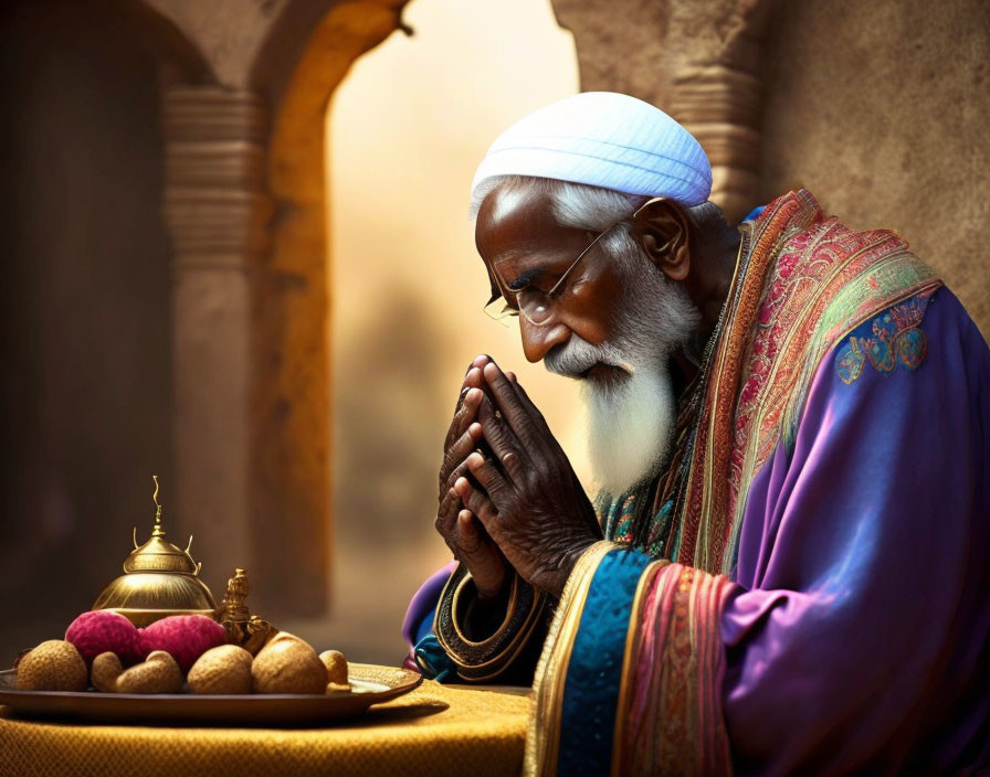 Elderly man in colorful robe praying beside table with tea set