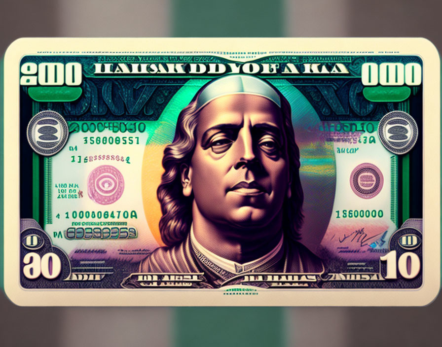 Colorful Stylized Graphic of US $100 Bill with Enlarged Benjamin Franklin Portrait