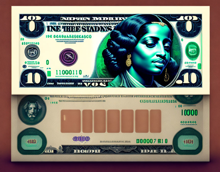 Currency notes with woman portrait in stylized design, blending traditional and futuristic elements in green and orange.