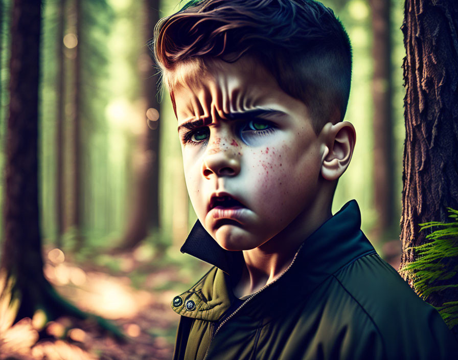 Serious young boy in forest with sunlight and freckles