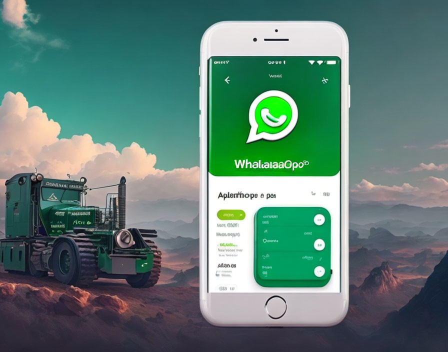 Smartphone displaying chat app with tractor and rolling hills.