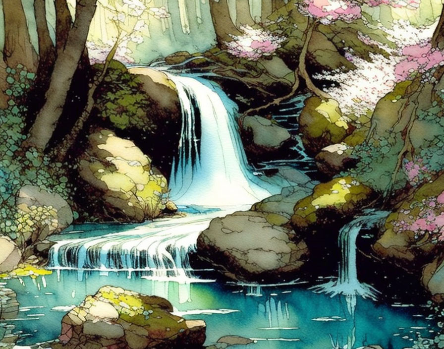 Tranquil waterfall scene with cherry blossoms and lush greenery