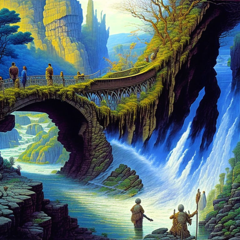 Majestic natural bridge and waterfalls with robed figures in lush landscape