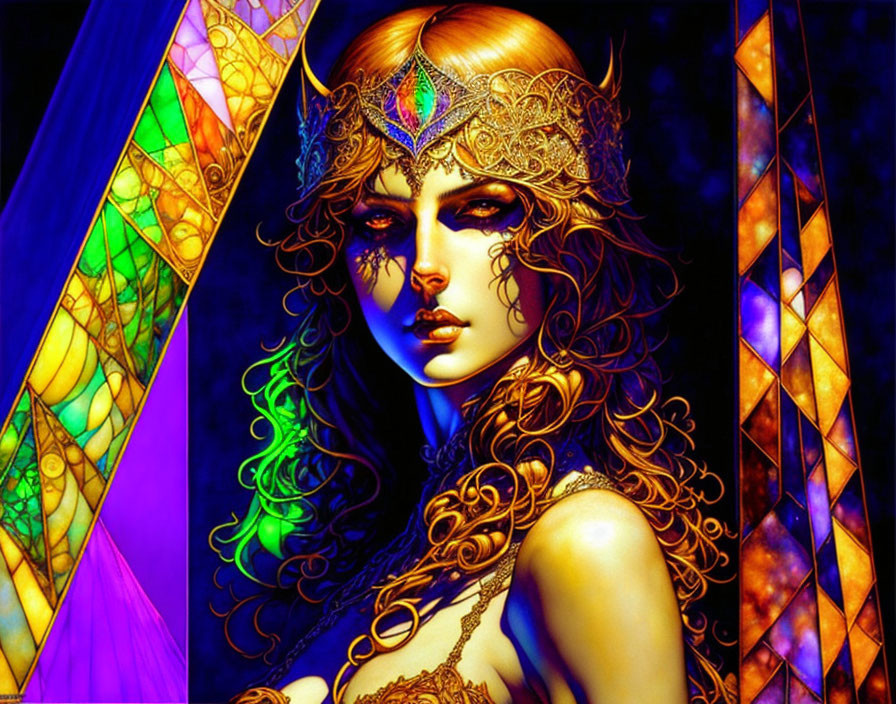 Vibrant artwork of woman with golden headgear and fiery hair on stained glass background