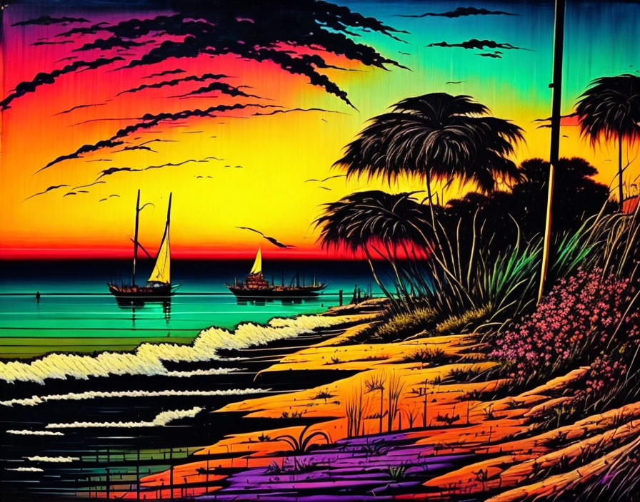 Colorful Sunset Beach Scene with Sailboats and Palm Trees