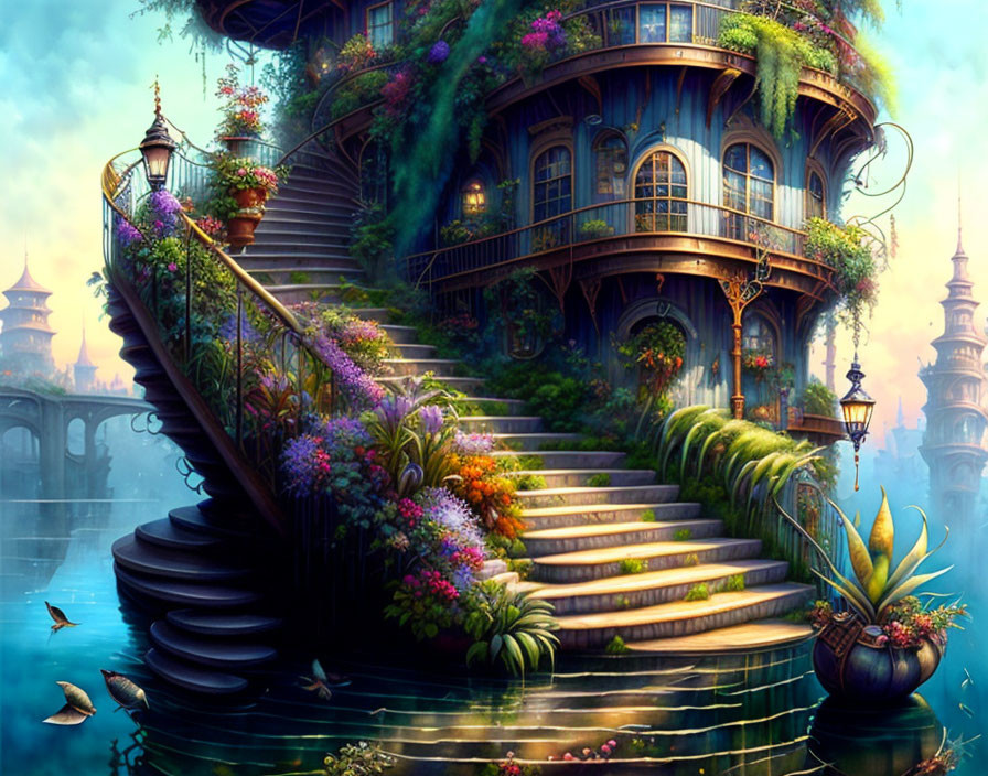 Fantasy Art: Ornate Staircase, Lush Vegetation, Water Setting, Palace Structures