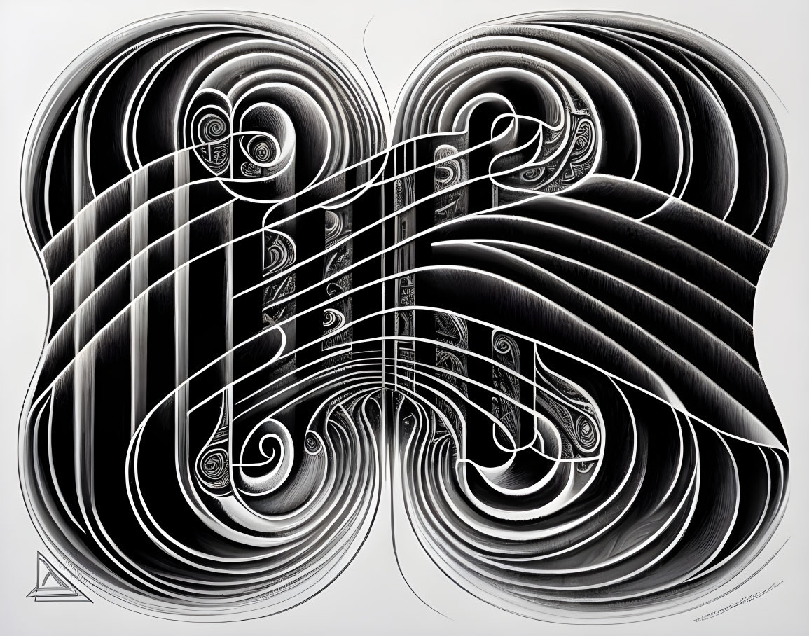 Monochromatic abstract art: swirling lines and waves in symmetrical pattern