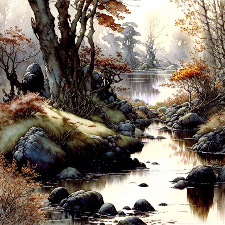 Misty forest watercolor painting with stream and autumn trees