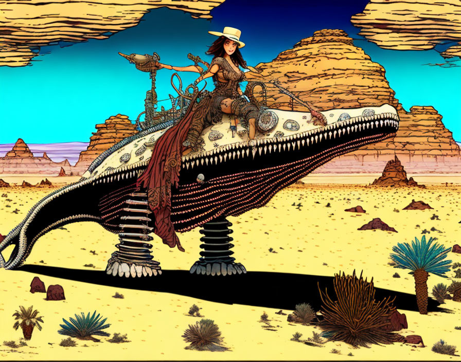 Person riding mechanical dinosaur in desert landscape with rock formations and cacti