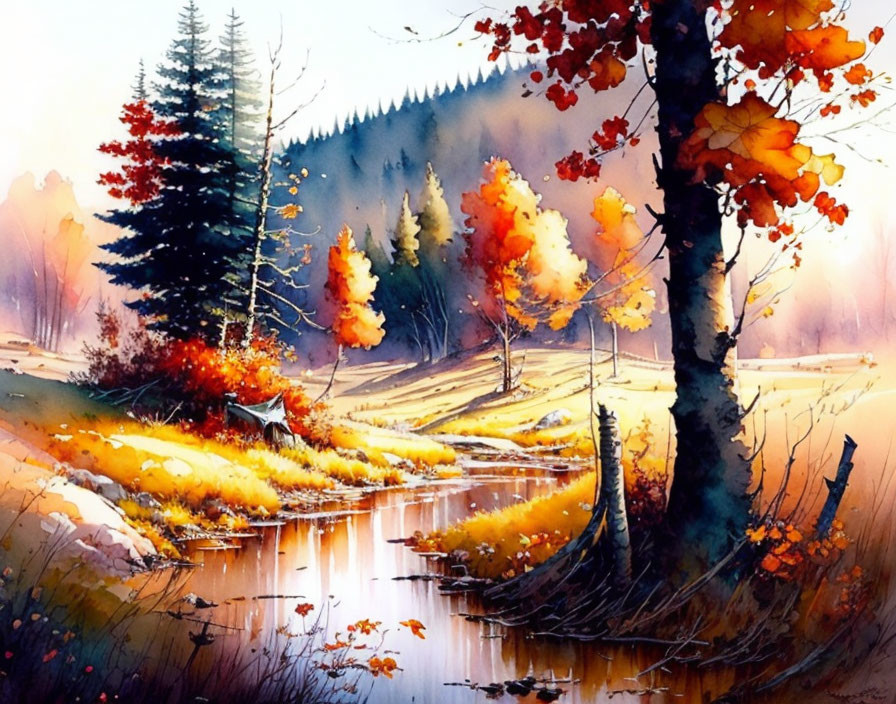 Colorful autumn forest scene with river reflection & rolling hills