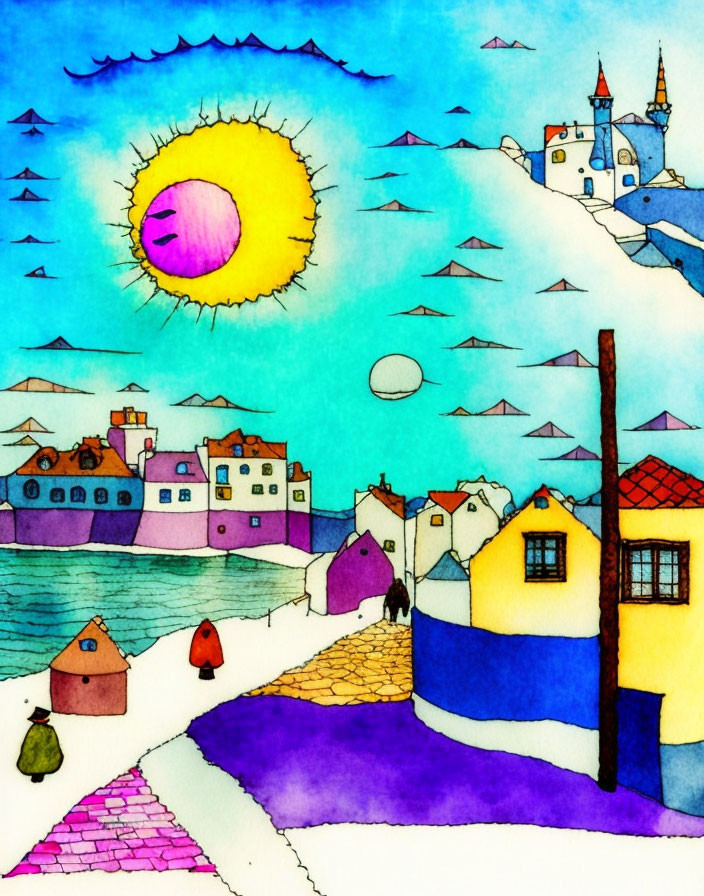 Vibrant watercolor painting of whimsical seaside village with sun and birds.