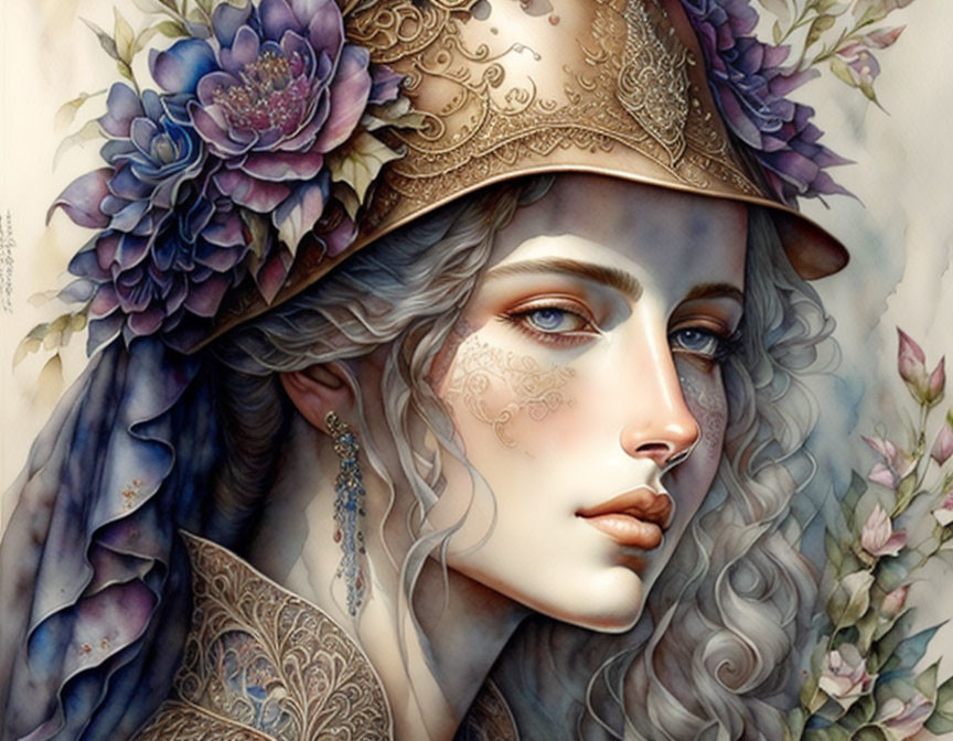 Detailed artwork: Woman with blue-gray hair, floral headdress, golden armor, and facial tattoos.