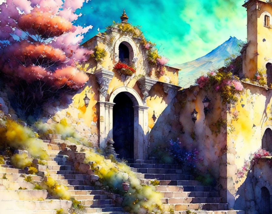 Sunlit historical stone building with staircase in vibrant watercolor