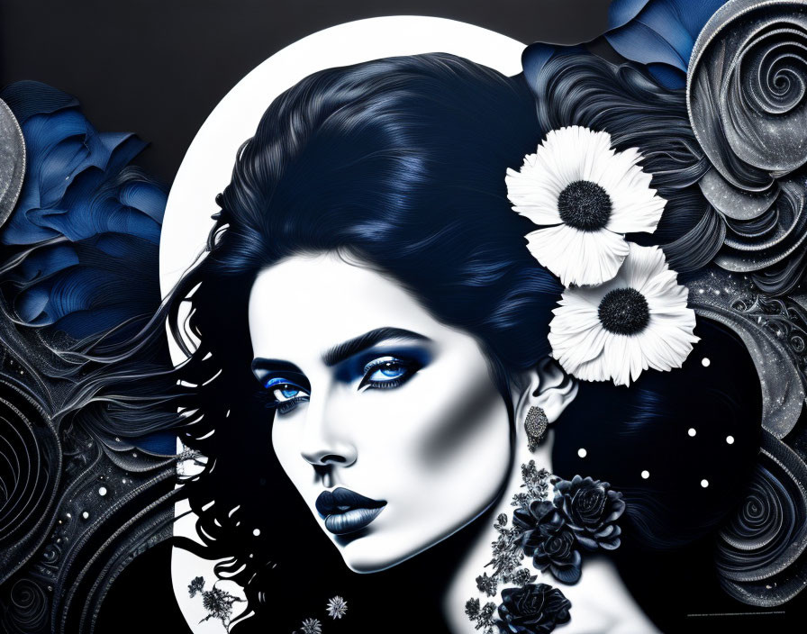 Blue-skinned woman with dark hair and floral elements on moon backdrop.