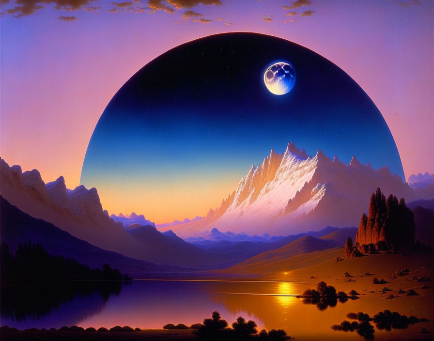 Fantasy landscape with large moon, snow-capped mountains, serene lake, vibrant sunset