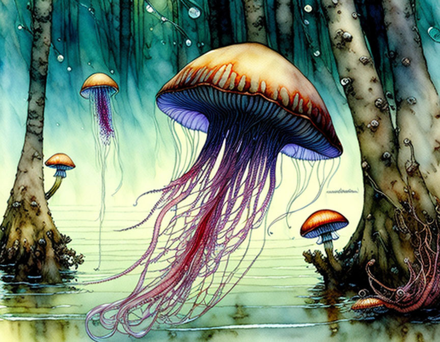 Fantastical image: Jellyfish-like creatures in mystical forest