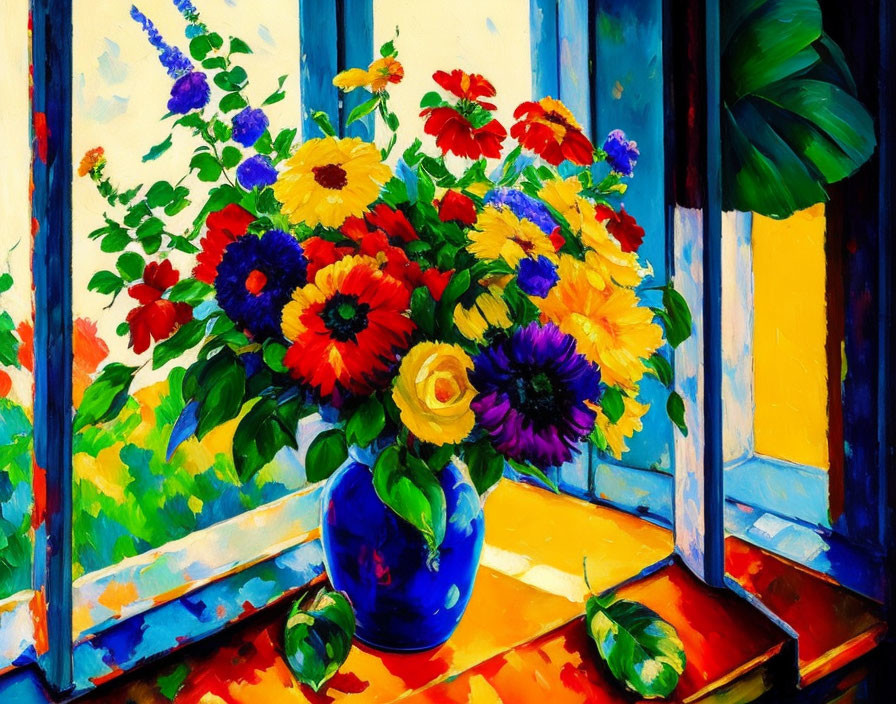 Colorful bouquet in blue vase on windowsill with bright light