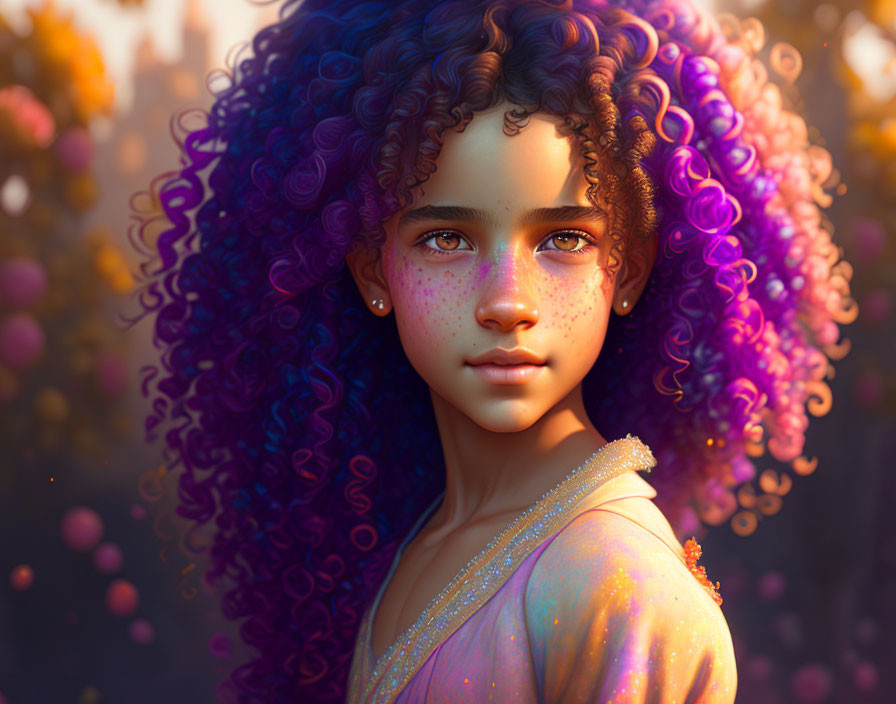 Digital portrait: Girl with purple curly hair, freckles, golden attire in autumnal setting