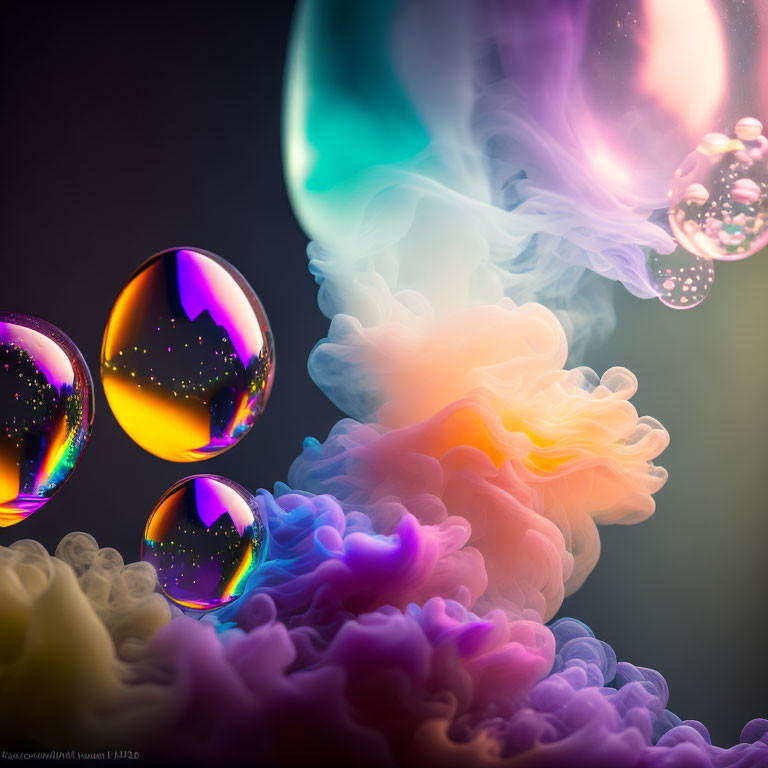 Vivid iridescent bubbles in swirling smoke on dark background