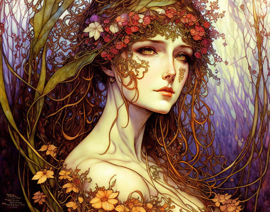 Fantastical portrait of a woman with flowing hair and floral crown