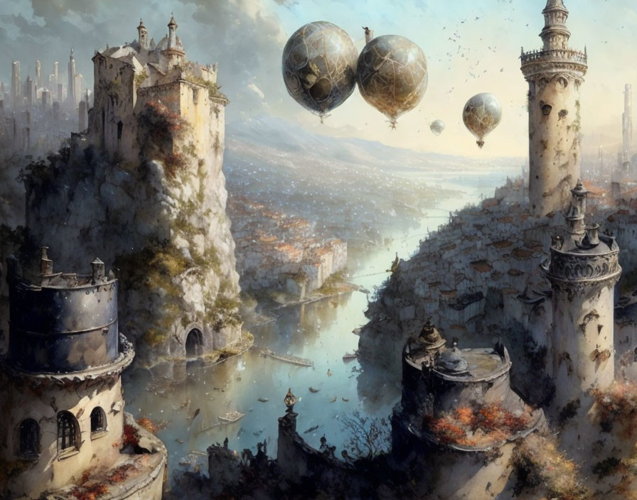 Fantasy cityscape with towering castles, airships, and river boats