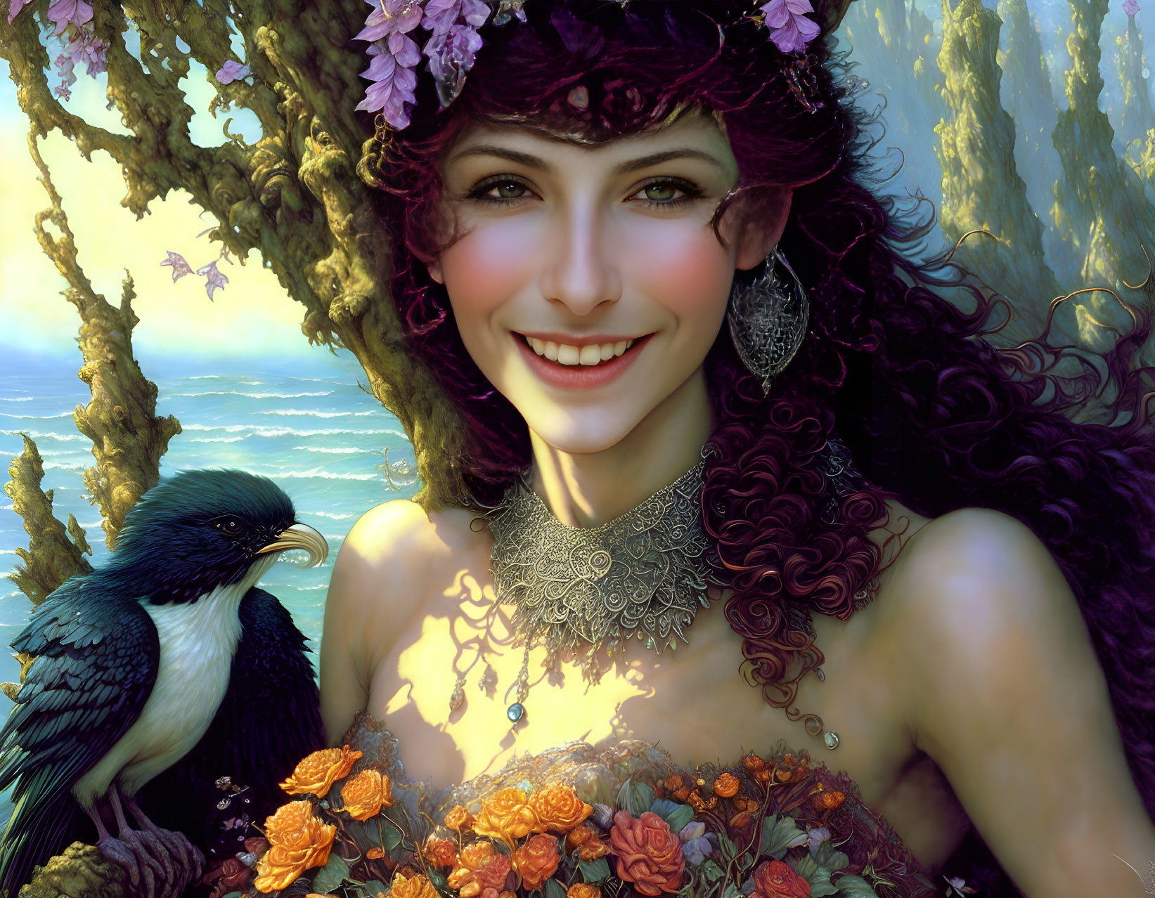 Curly-haired woman with floral hairpiece and bird by the sea wearing ornate necklace