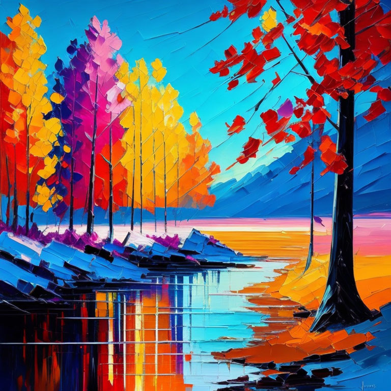 Colorful Autumn Forest Painting with Water Reflections