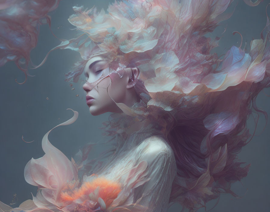 Serene woman surrounded by floral wisps in dreamlike setting